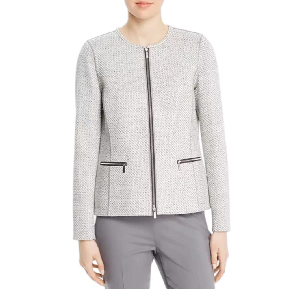 Lafayette 148 Kerrington Tweed Blazer Jacket Size M Silver Zip Metallic Trim
